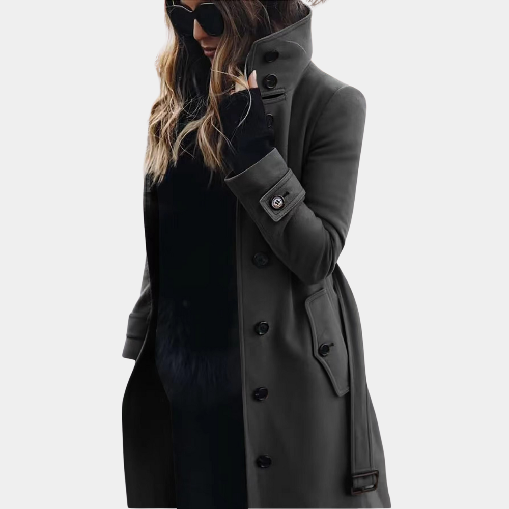 Stylish khaki long trench coat for women, an elegant and versatile classic winter outerwear piece.
