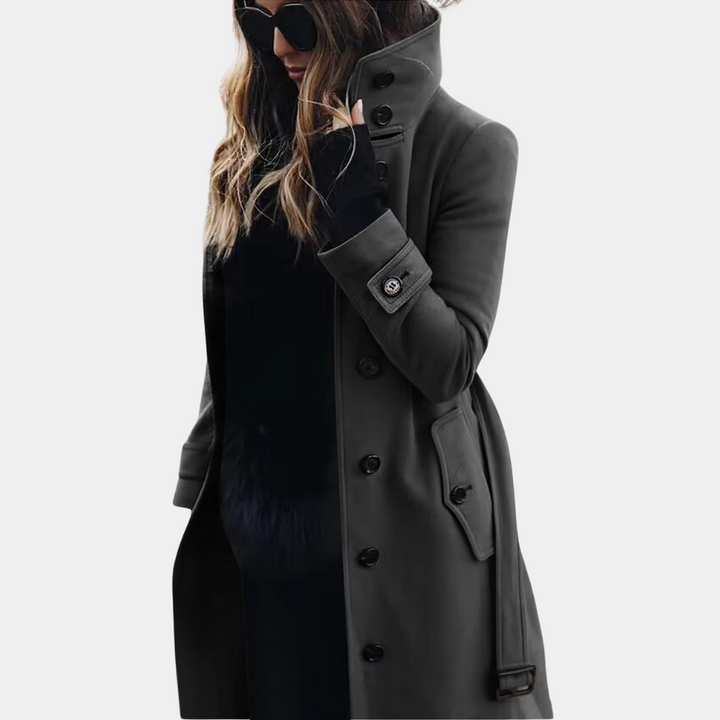 Stylish khaki long trench coat for women, an elegant and versatile classic winter outerwear piece.