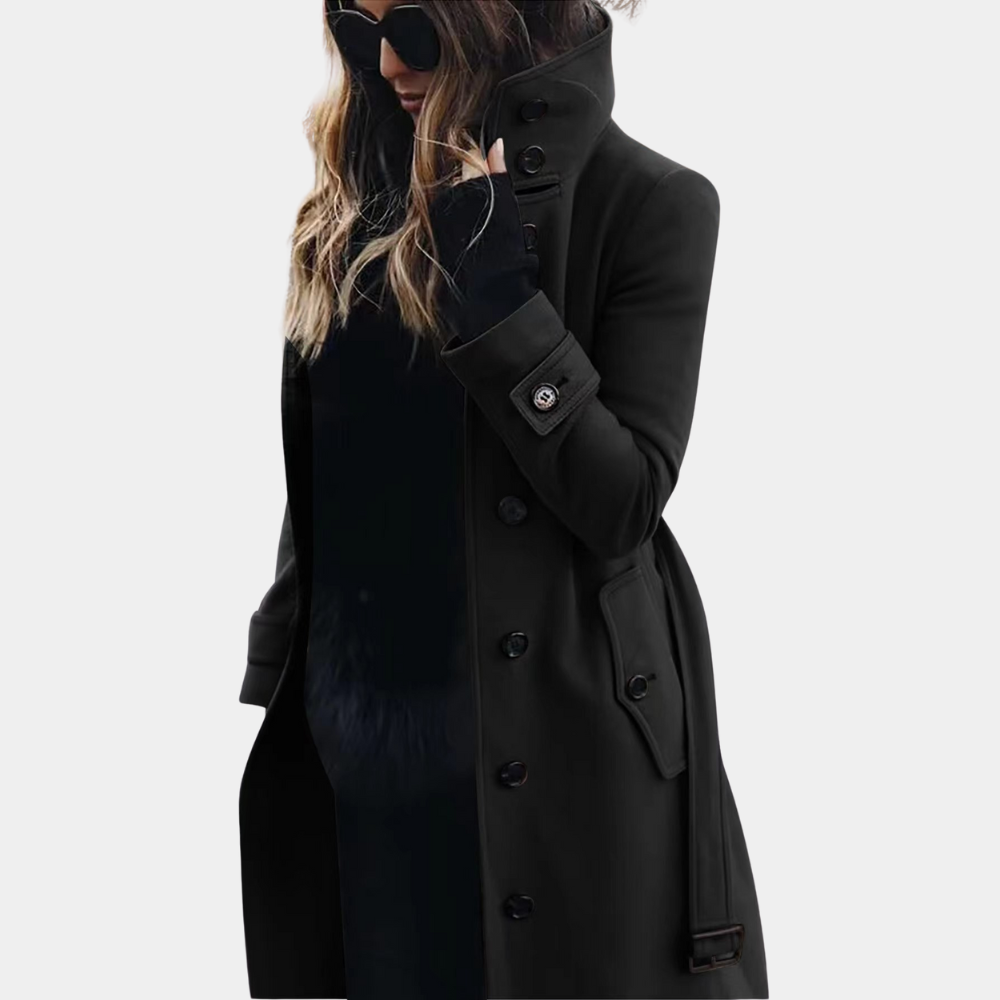 Fashionable red long trench coat for women, a warm and stylish winter outerwear piece.