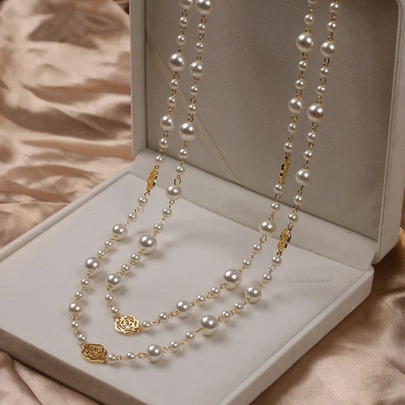 Timeless white pearl long necklace for women, an elegant and adjustable fashion jewelry statement.