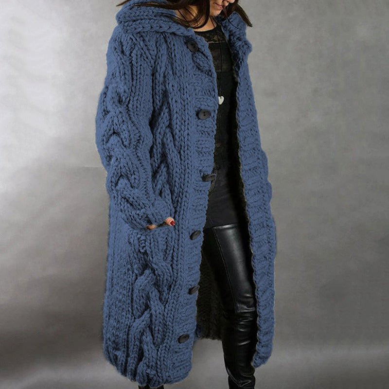 Elegant women's long winter coat in a cozy, warm fabric. Perfect stylish outerwear for cold weather.