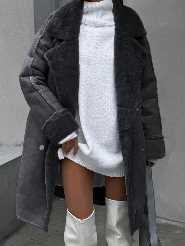 Ava long elegant polar fleece women's winter coat. Warm and stylish outerwear for elevated winter fashion.