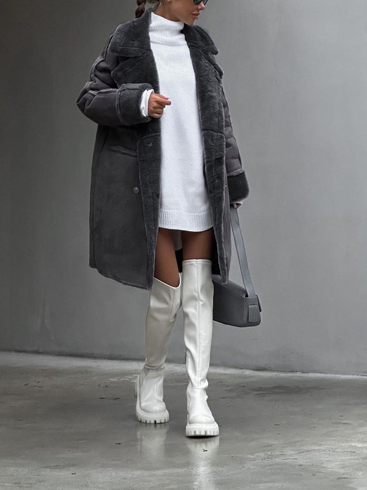 Women's long elegant winter coat with polar fleece for superior warmth & style. Chic outerwear jacket.