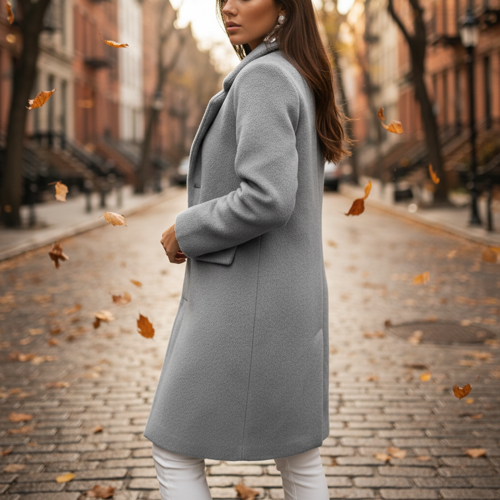 Elegant women's long winter coat with button front, classic style, wool blend for warmth