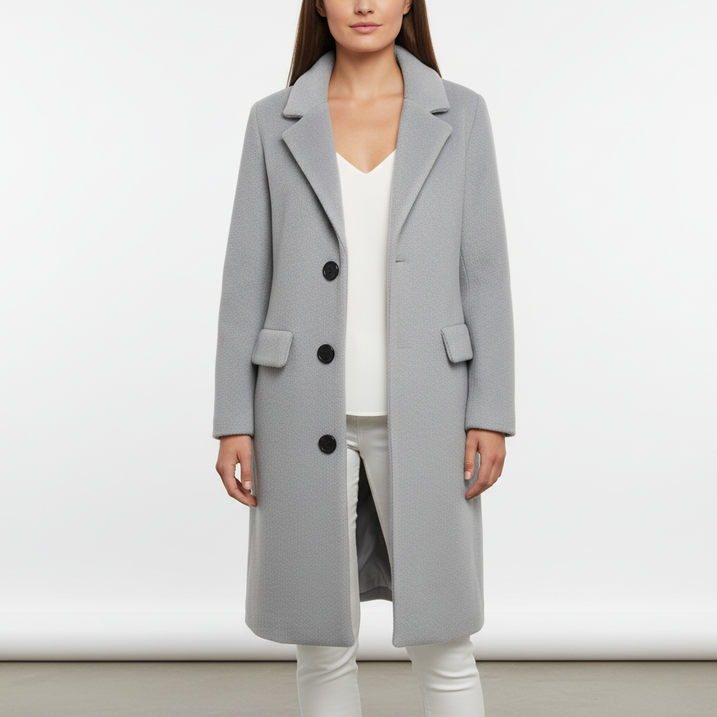 Women's classic button-front long coat in black wool blend, elegant outerwear for winter