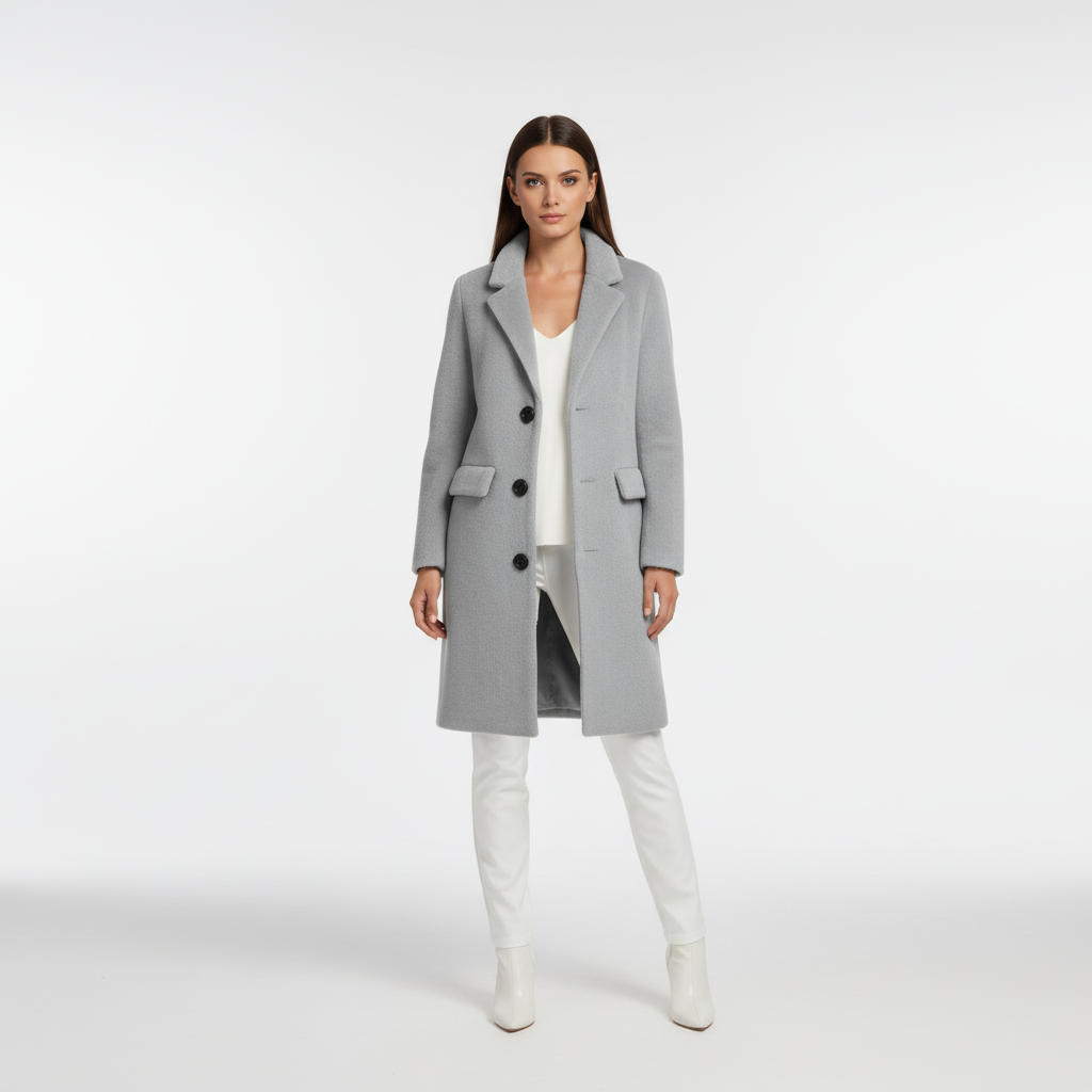 Regina classic wool blend long coat for women, elegant buttoned front
