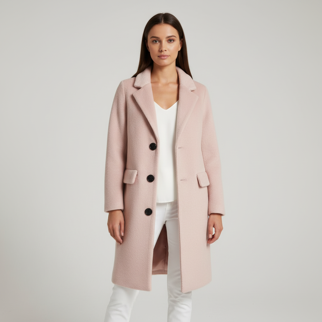 Stylish women's long button coat, black wool blend, ideal for winter outerwear