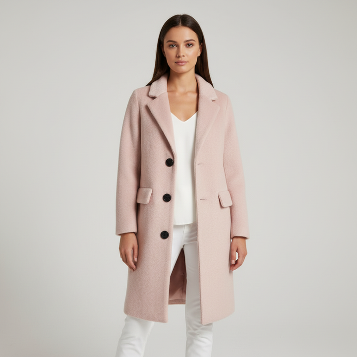 Stylish women's long button coat, black wool blend, ideal for winter outerwear