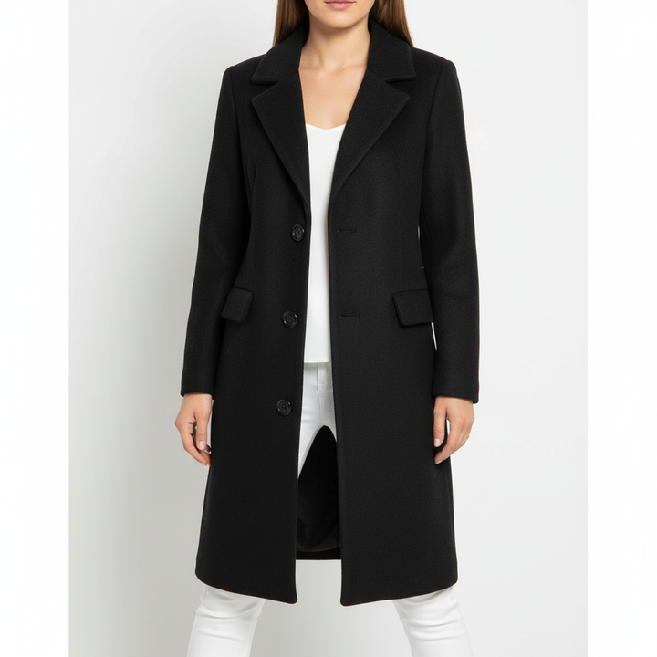 Elegant women's winter coat, full-length, button closure, high-quality wool blend fabric