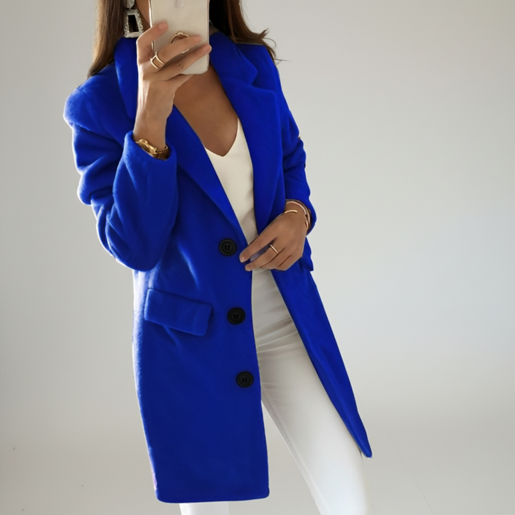 Classic button-front long coat for women, warm wool blend, sophisticated winter style