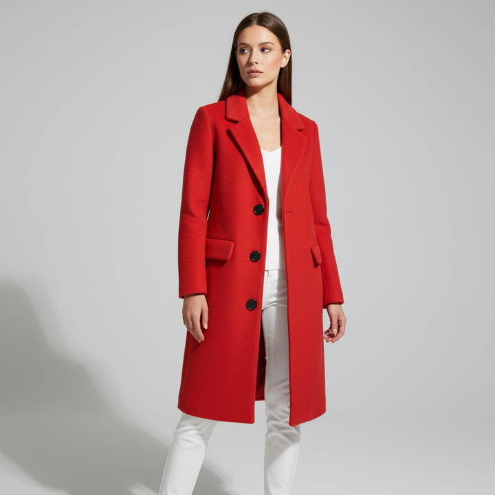 Autumn fashion: elegant women's long winter coat with button detail, premium wool blend