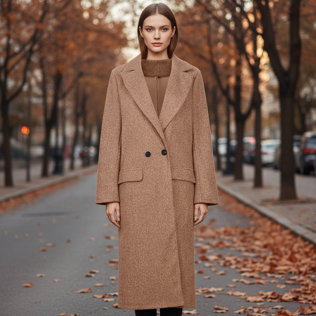 Elegant women's long wool blend coat in classic style with button closure, perfect for winter and autumn