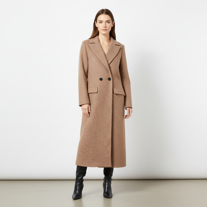 Stylish women's long wool blend coat, Alina model, featuring a sophisticated button-front design