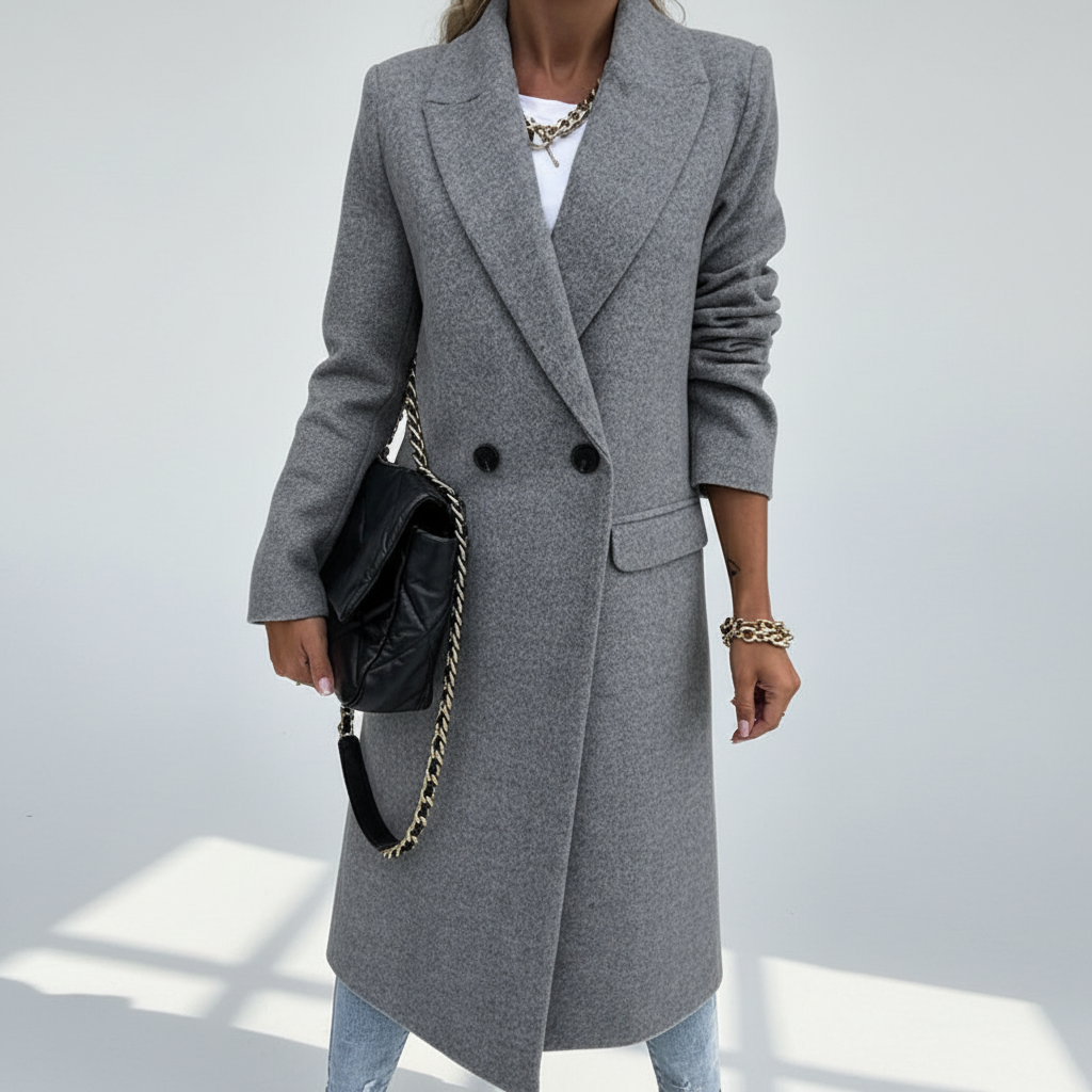 Full-length view of a women's long wool blend coat, a versatile and warm jacket for fashion