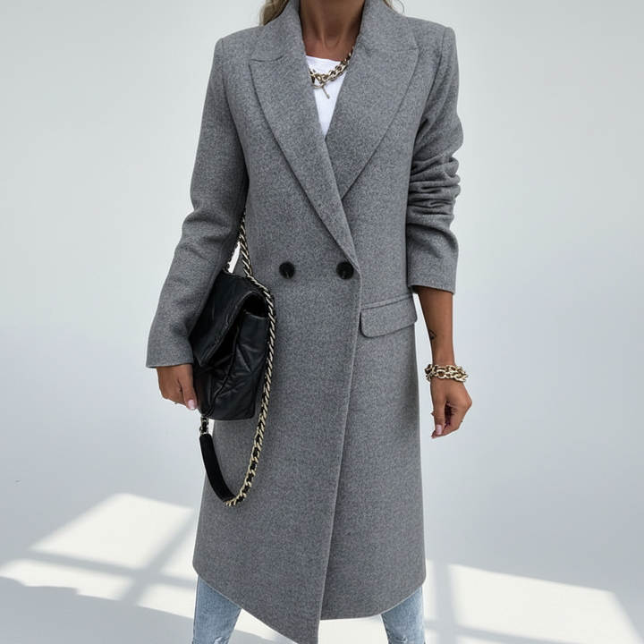 Full-length view of a women's long wool blend coat, a versatile and warm jacket for fashion