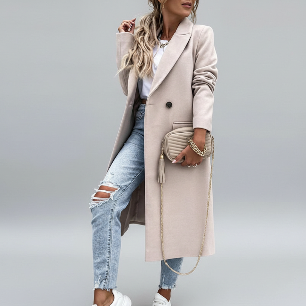Women's long wool blend coat in a rich color, designed with functional and decorative buttons