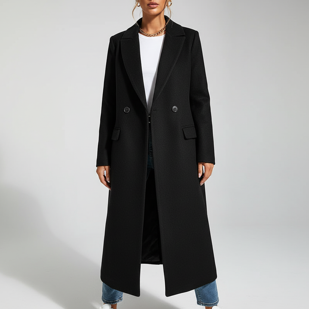 Classic women's long wool blend coat, Alina, offering elegant outerwear with a buttoned front
