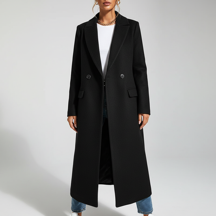 Classic women's long wool blend coat, Alina, offering elegant outerwear with a buttoned front