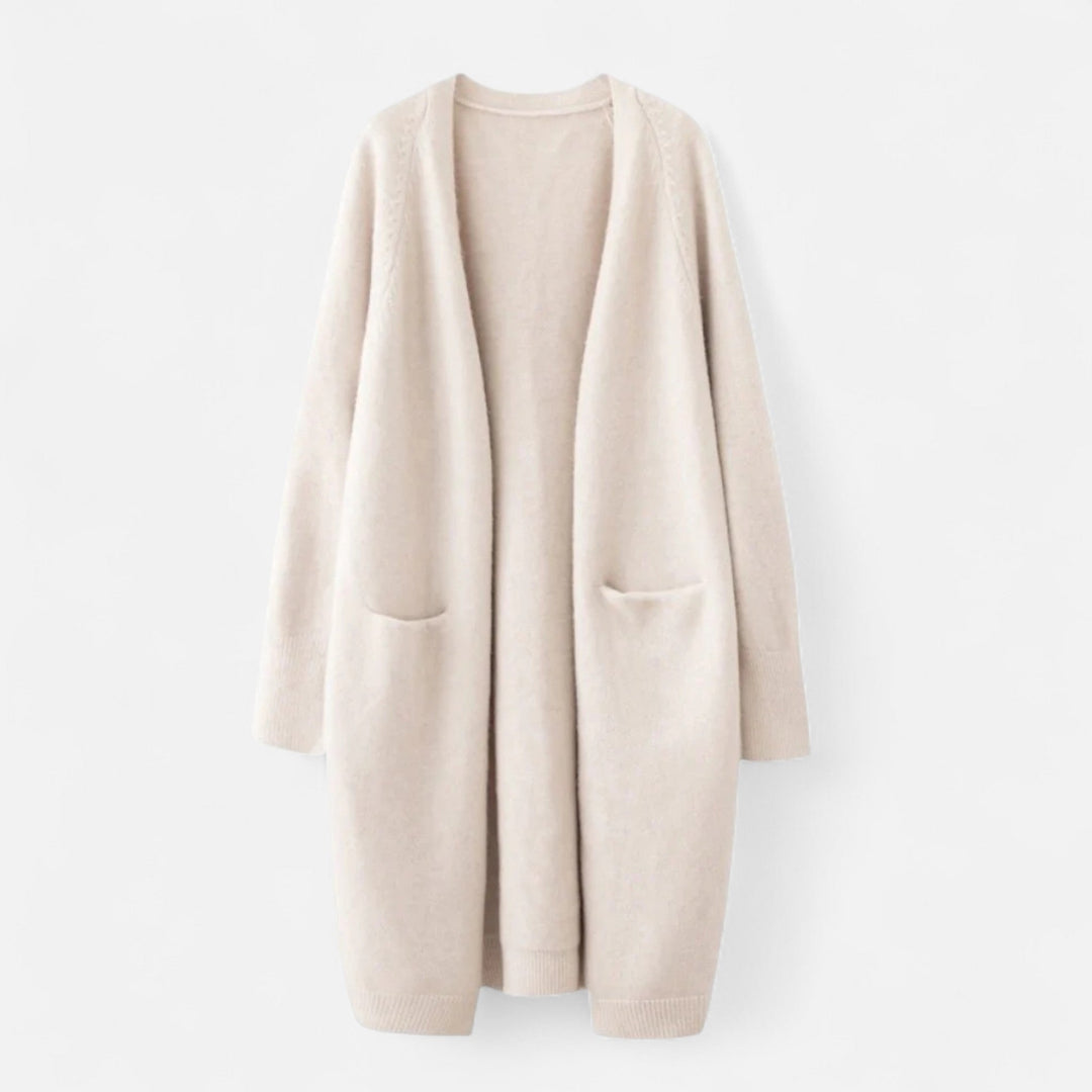 Elegant women's longline open front cardigan coat. Chic knit outerwear, perfect for versatile layering & fall fashion.