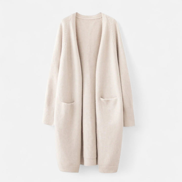 Elegant women's longline open front cardigan coat. Chic knit outerwear, perfect for versatile layering & fall fashion.