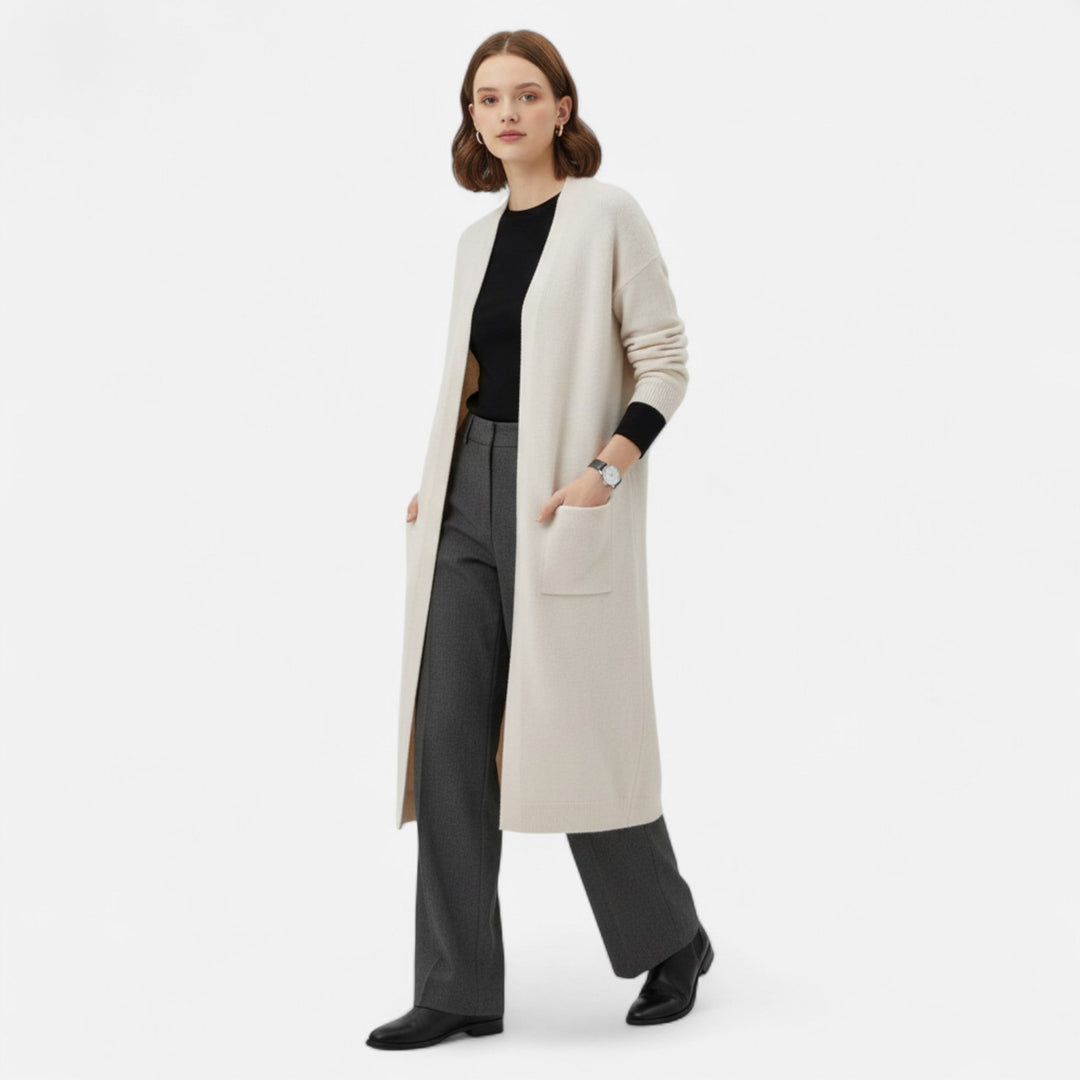 Cozy women's longline open front cardigan jacket. Soft knitwear, ideal for winter style & casual chic outerwear.