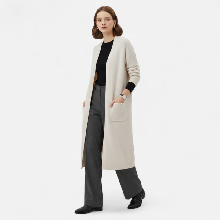 Cozy women's longline open front cardigan jacket. Soft knitwear, ideal for winter style & casual chic outerwear.