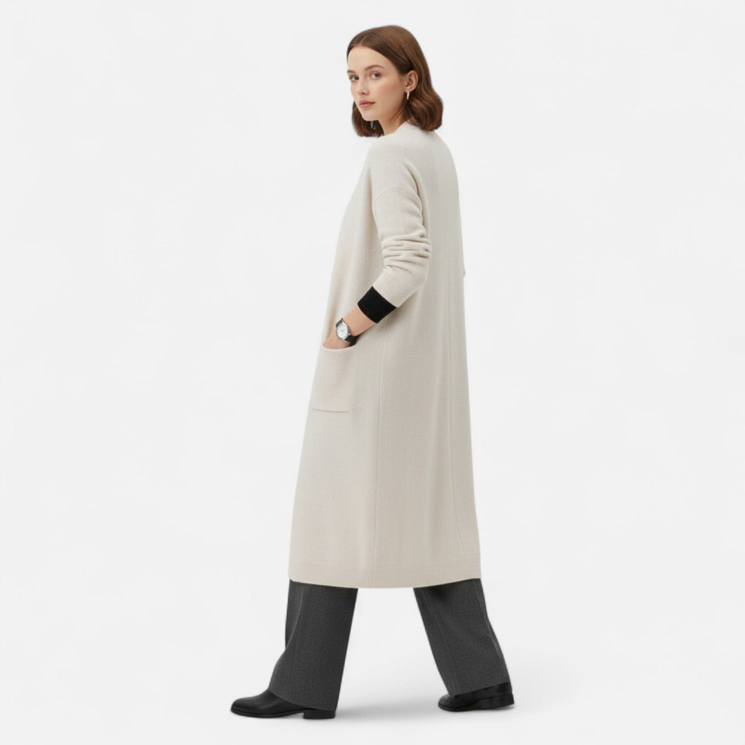 Versatile women's longline open front cardigan. Elegant layering piece, perfect as a casual coat or fall fashion top.