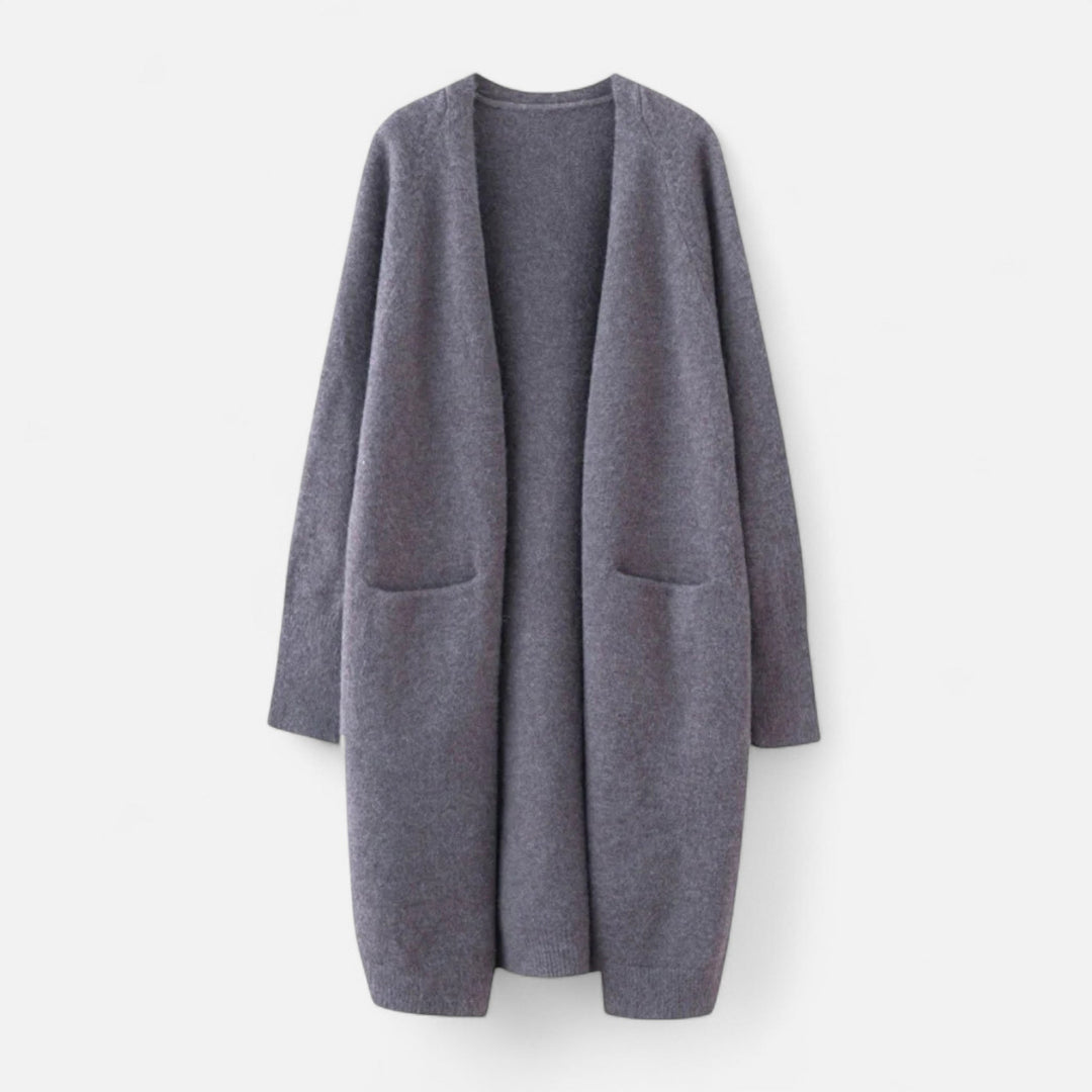 Chic women's longline open front cardigan coat. Knit layering piece for elegant outerwear & comfortable winter style.