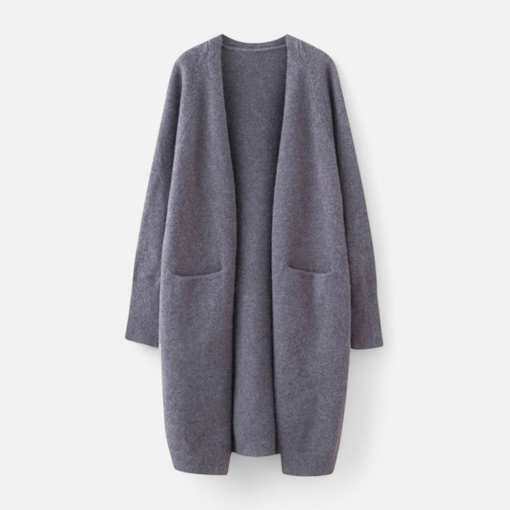 Chic women's longline open front cardigan coat. Knit layering piece for elegant outerwear & comfortable winter style.