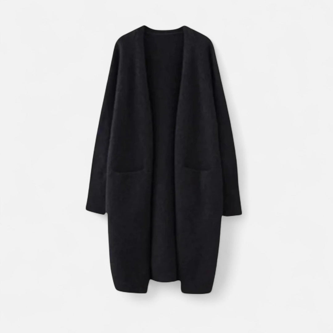 Stylish women's open front longline cardigan. Cozy knit jacket, great for fall fashion, casual or elegant outfits.