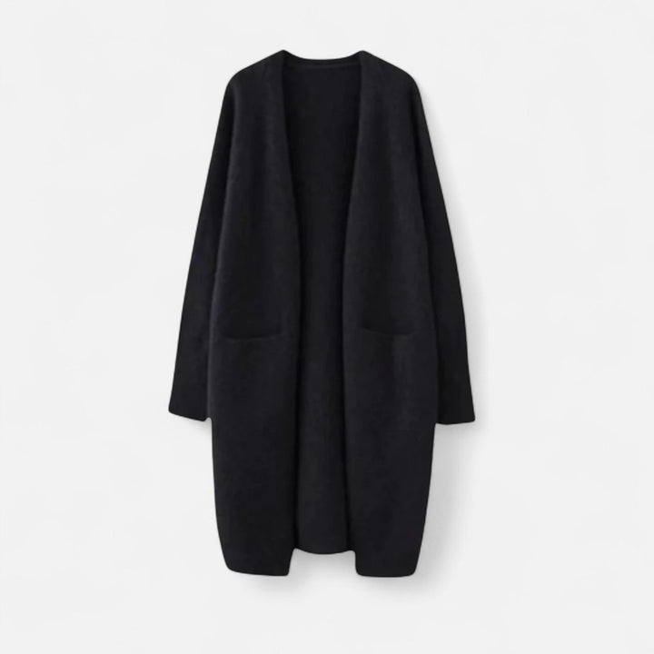 Stylish women's open front longline cardigan. Cozy knit jacket, great for fall fashion, casual or elegant outfits.