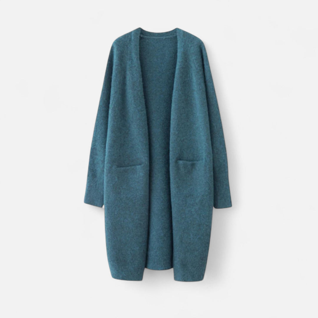 Women's longline open front cardigan coat. A versatile knit outerwear piece for elegant layering & cozy fall style.