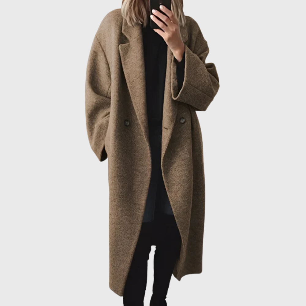 Stylish women's longline overcoat in a rich brown, perfect versatile fall outerwear for a chic, cozy look.