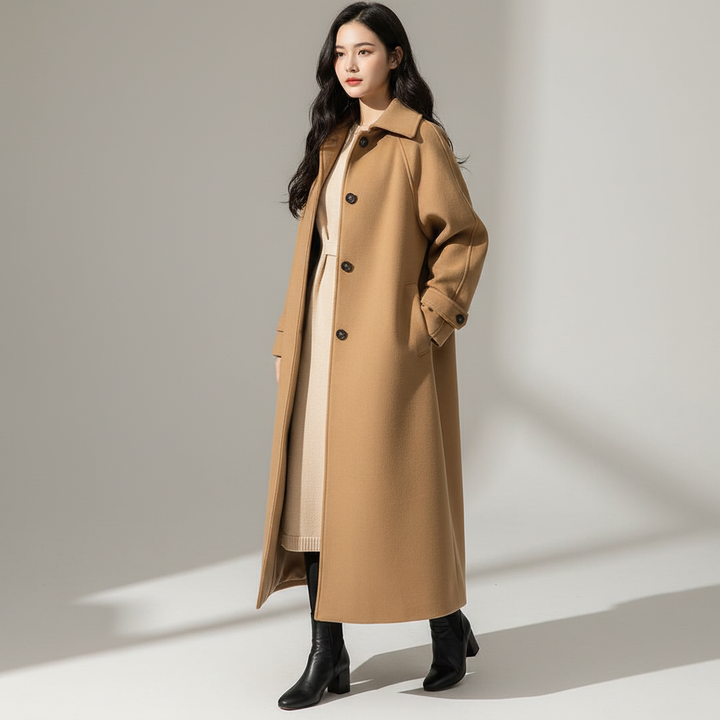 Elegant women's longline winter coat in khaki, perfect for classic cold-weather fashion.