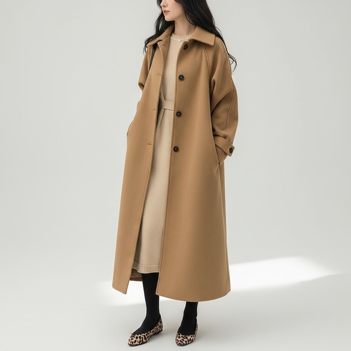 Khaki longline winter coat for women, showcasing elegant outerwear and classic style.
