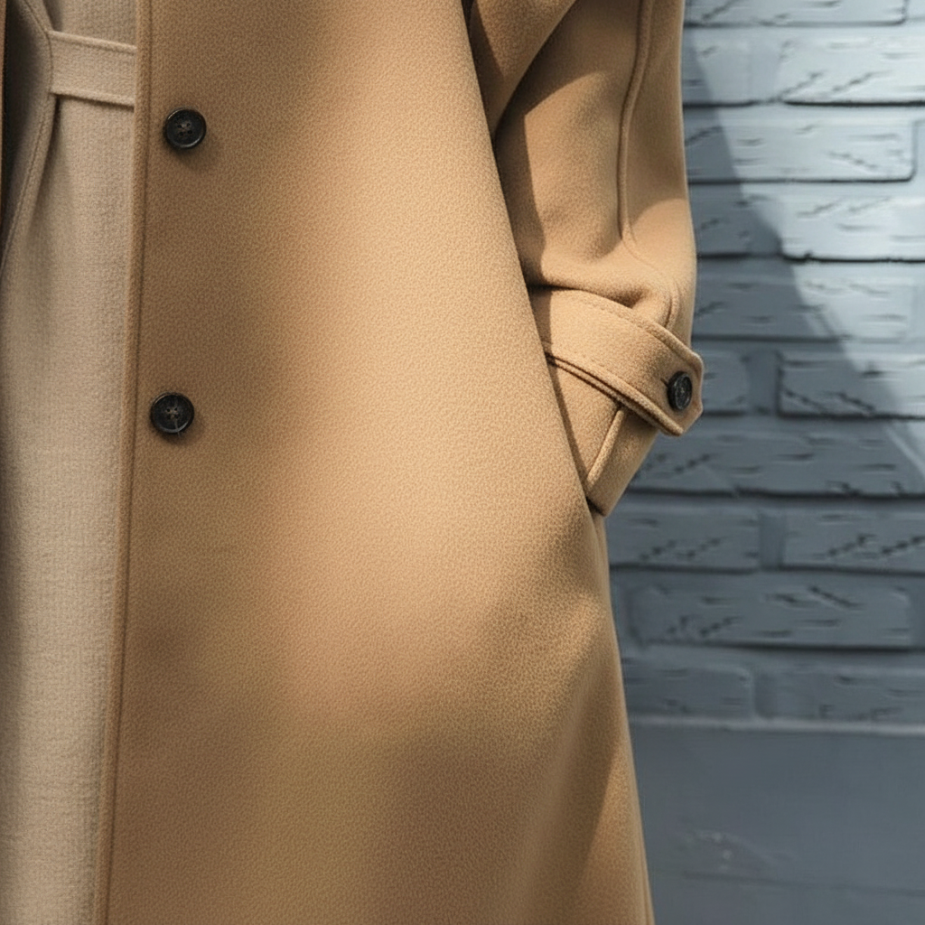 Women's elegant beige longline coat, ideal for sophisticated winter fashion and warmth.