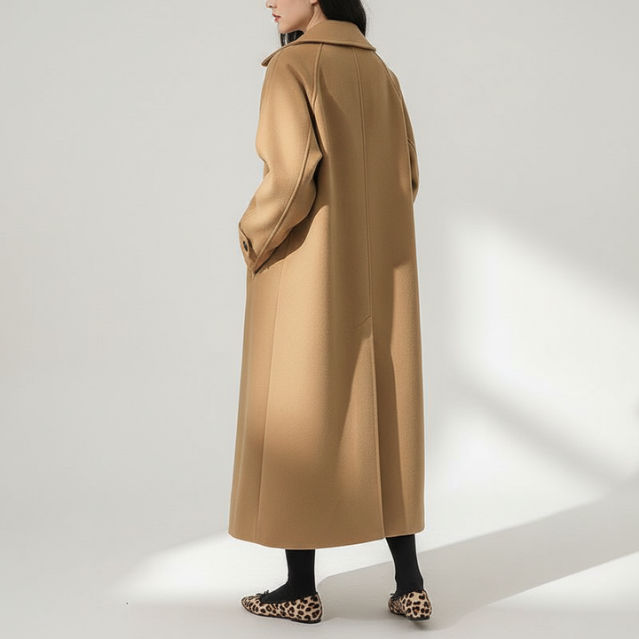 Classic women's longline winter coat in a neutral khaki shade, elegant and versatile.