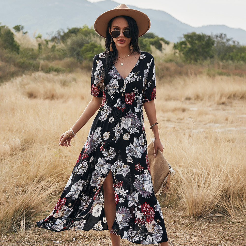 Elegant women's loose-fitting linen blend midi summer dress, breathable & casual for beach or holiday