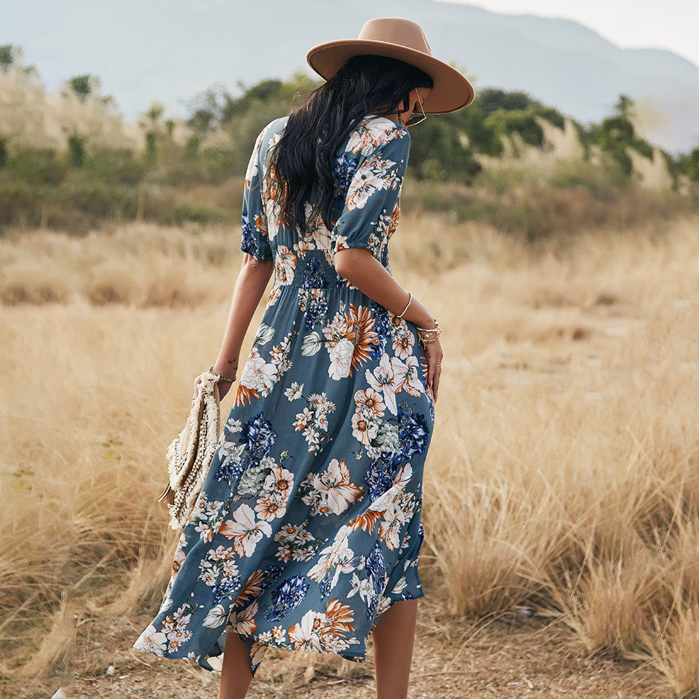 Loose-fitting linen blend women's midi dress, casual and elegant for summer holidays