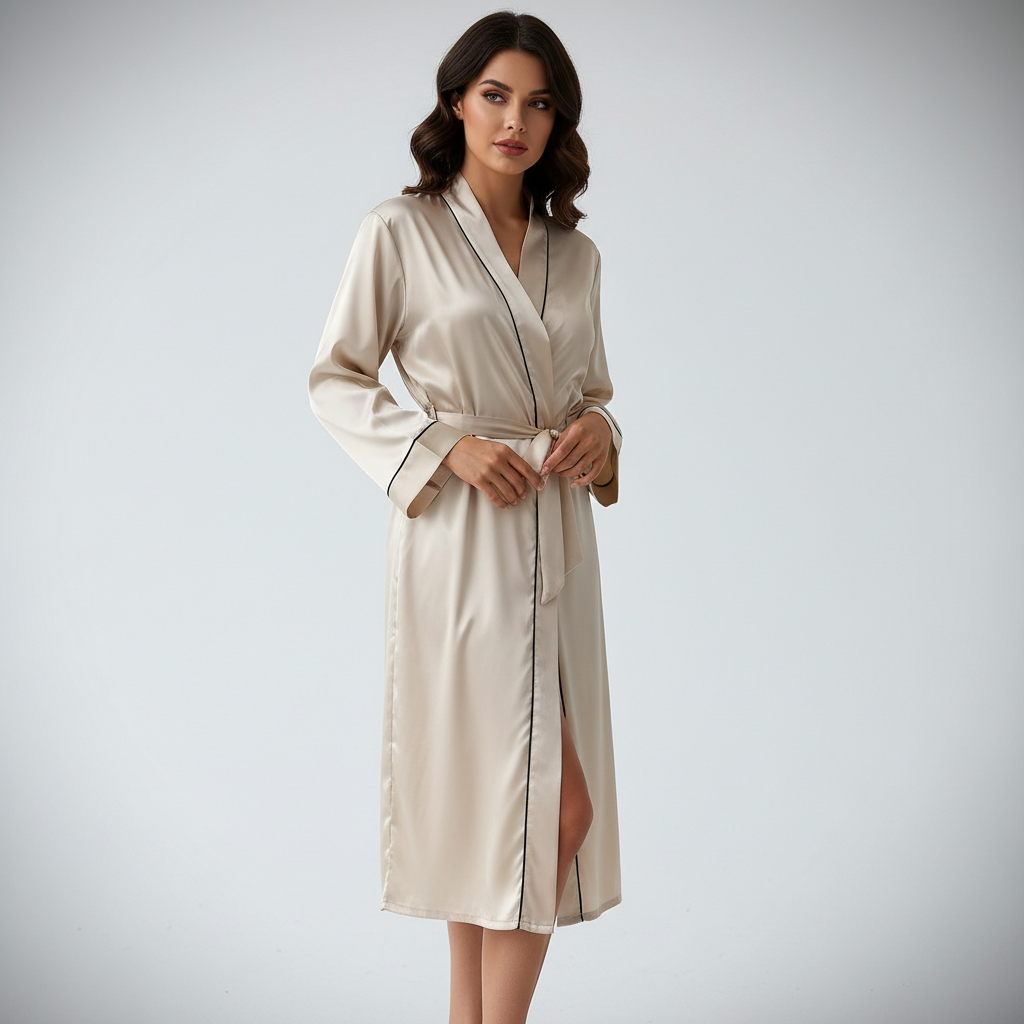 Chic women's lounge robe, Sofia collection, featuring an adjustable waist and long sleeves for comfort