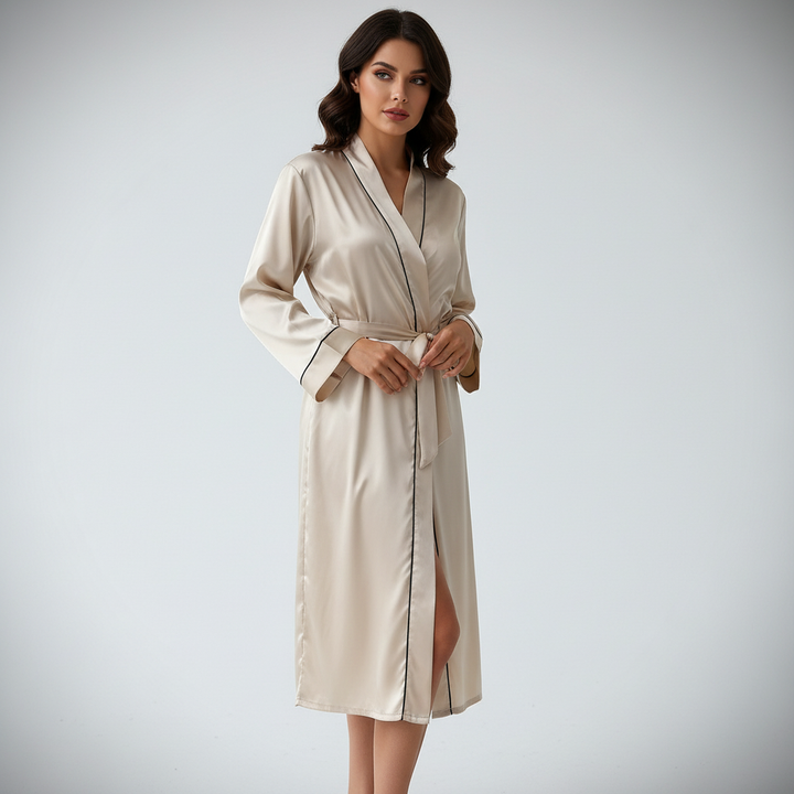 Chic women's lounge robe, Sofia collection, featuring an adjustable waist and long sleeves for comfort