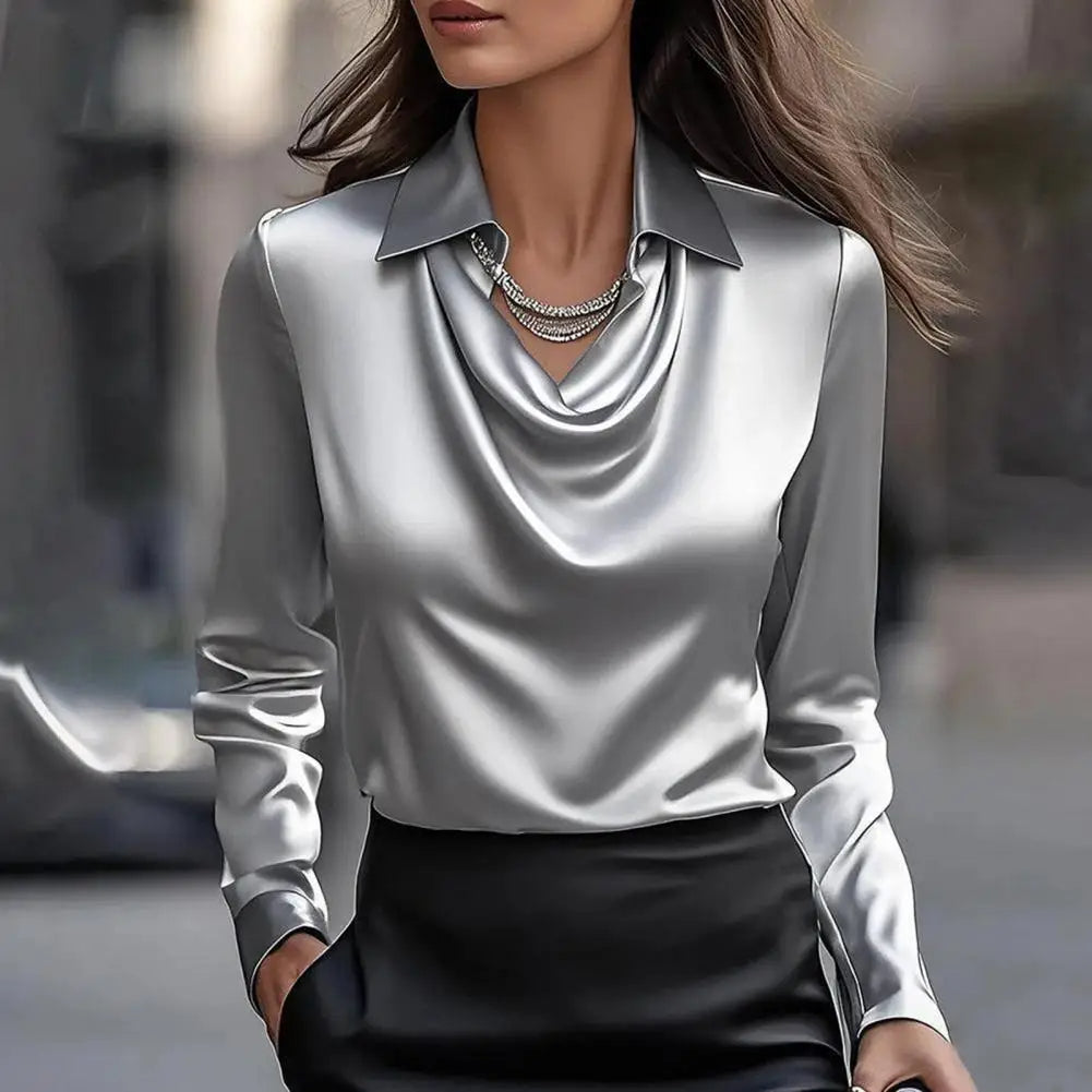 Versatile lustrous cowl neck blouse for women, elegant long sleeve top, suitable for office & evening.