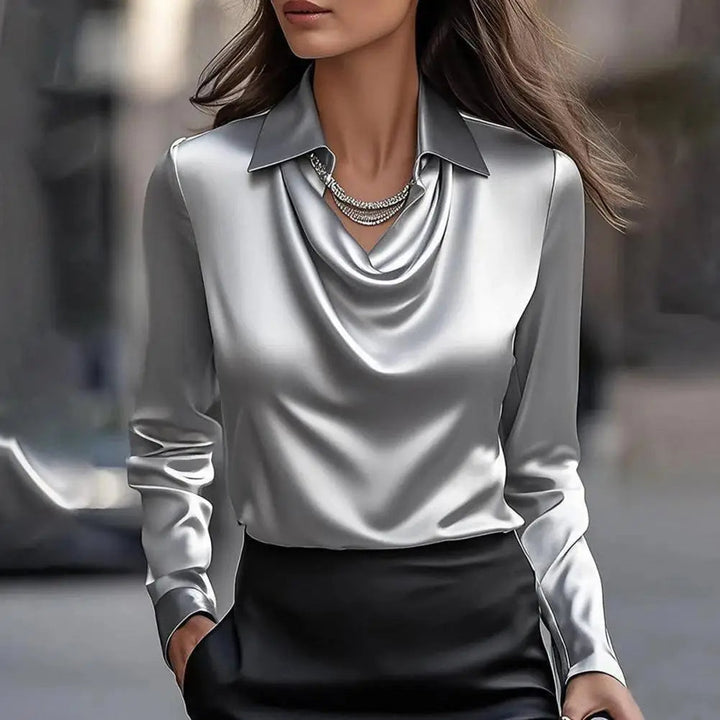 Versatile lustrous cowl neck blouse for women, elegant long sleeve top, suitable for office & evening.