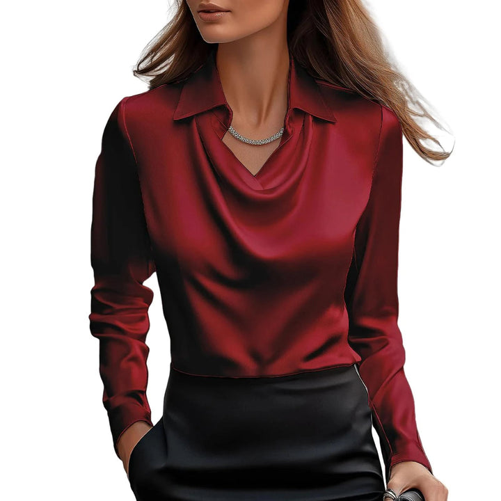 Chic women's cowl neck blouse, lustrous fabric, long sleeve, perfect for elegant evening wear or office.