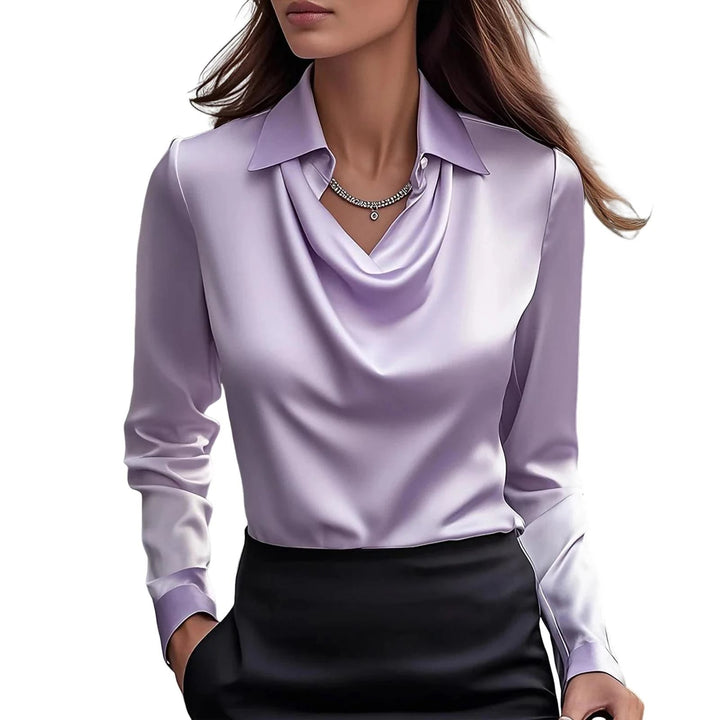 Women's polished long sleeve cowl neck blouse, elegant and lustrous, a sophisticated top for any occasion.