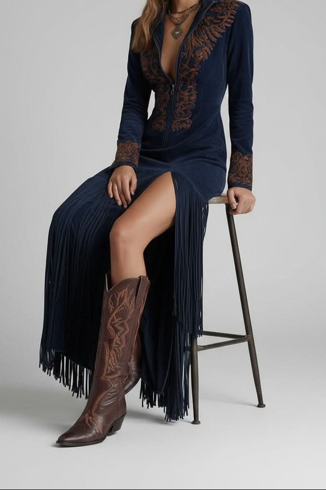 Chic blue women's fringe maxi dress with elegant western style; a long statement dress for parties & festivals.
