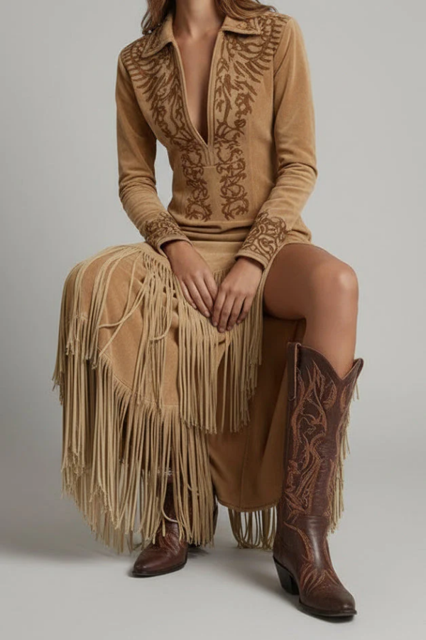 Women's elegant western style fringe maxi dress, a luxurious long party or festival dress for any occasion.