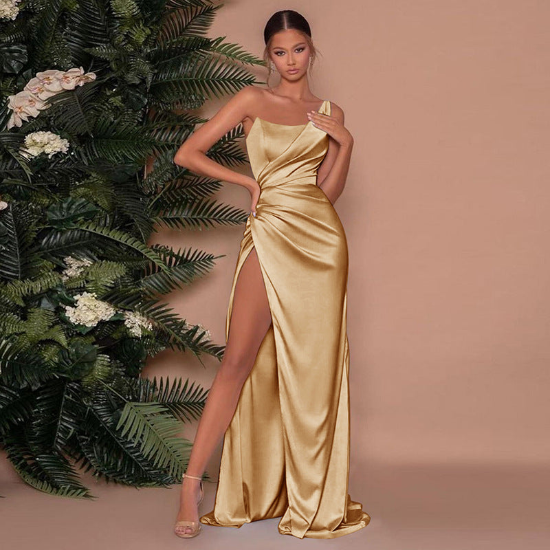 Elegant women's LuxeSilk flowing maxi dress, perfect for sophisticated evening events or formal parties.