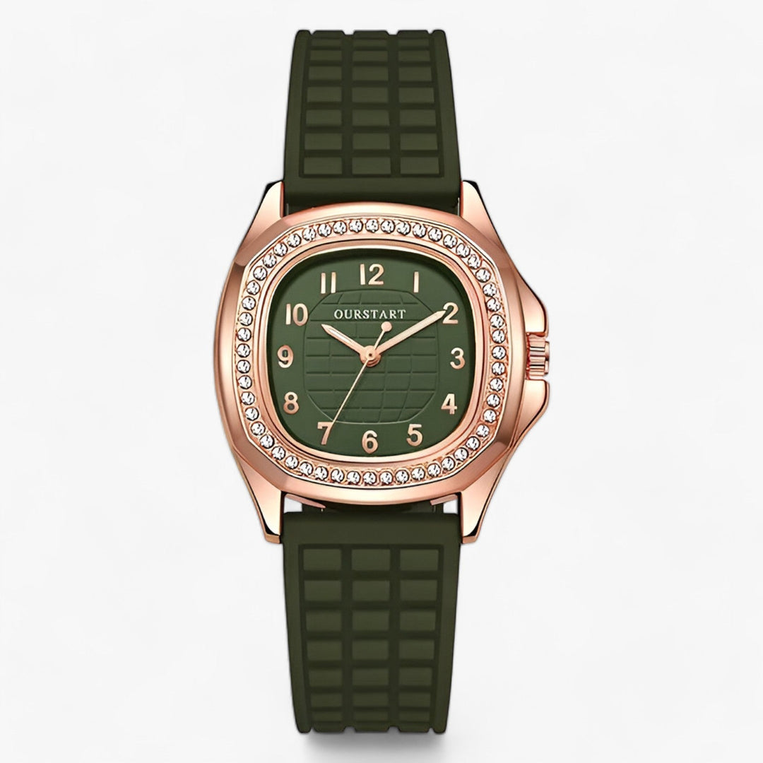 Women's luxury quartz watch with sparkling diamond accents, featuring a stylish and comfortable silicone strap.