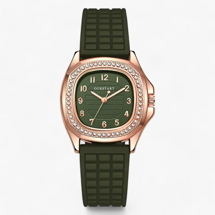 Women's luxury quartz watch with sparkling diamond accents, featuring a stylish and comfortable silicone strap.